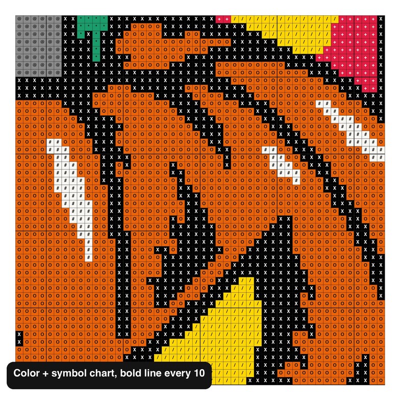 May include: A cross-stitch pattern chart featuring a grid of squares with symbols and colors including orange, black, yellow, white, green, and pink. The design includes bold lines every ten squares and the text Color + symbol chart, bold line every 10.