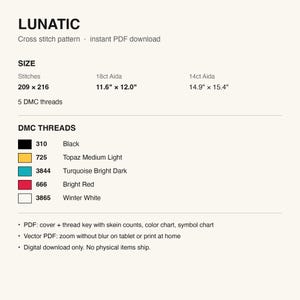 Pattern details: stitch count, finished size and DMC thread list