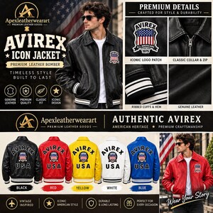 Leren bomberjack voor heren in Avirex-stijl, vintage Amerikaans varsity pilotenjack met Amerikaanse vlagpatch, retro luchtvaartmode
