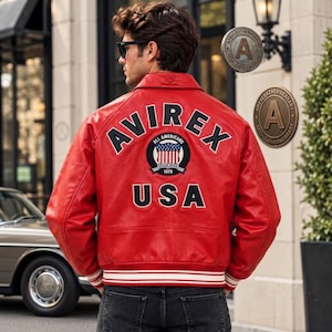 Chaqueta bomber de cuero estilo Avirex para hombre, chaqueta de vuelo universitaria vintage estadounidense con parche de la bandera estadounidense, moda de aviación retro.