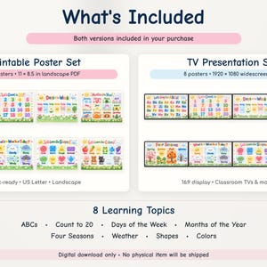 May include: A digital educational set featuring 8 learning topics including ABCs, numbers to 20, days, months, seasons, weather, shapes, and colors. Includes a printable 11 by 8.5 inch landscape PDF set and a 1920 by 1080 widescreen TV set.