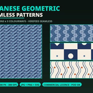 Japanese Geometric Seamless Pattern Pack, 12 Traditional Designs x 3 Colourways, 4500px 300 DPI jpg png svg, Commercial Licence
