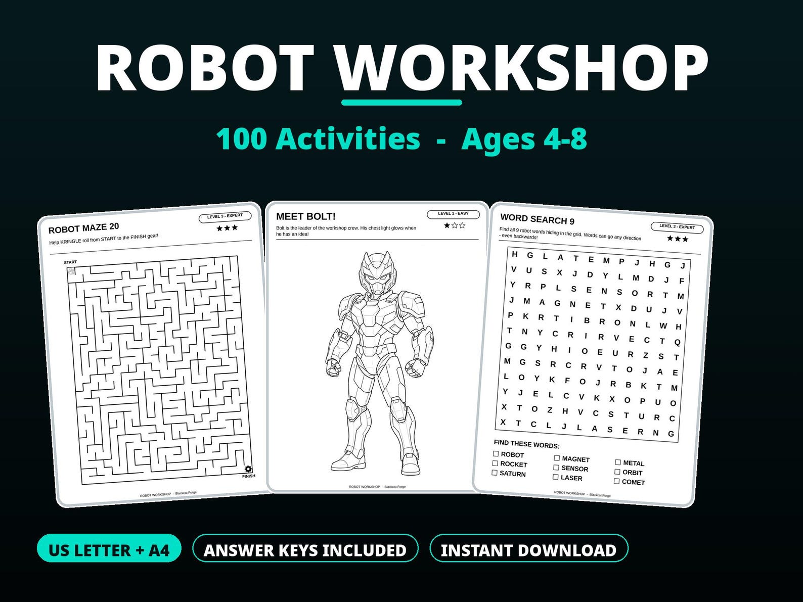 Robot Activity Book for Kids Ages 4-8, 100 Robot Activities, Mazes Word ...