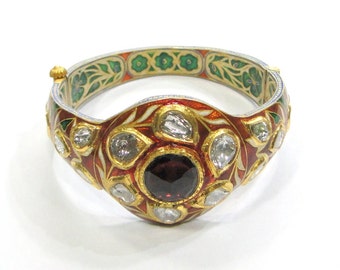 Vintage antique Solid 22K Gold jewelry Diamond polki Rhodolite bracelet Bangle