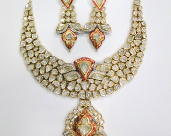 Vintage antique Solid 20K Gold jewelry diamond polki enamel Necklace & Earring