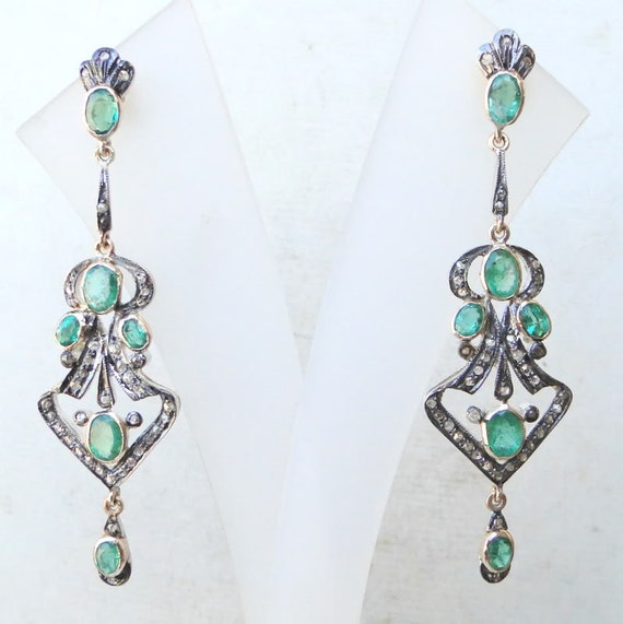 Victorian Diamond Emerald 14 K Gold Silver Stud Earring | Etsy