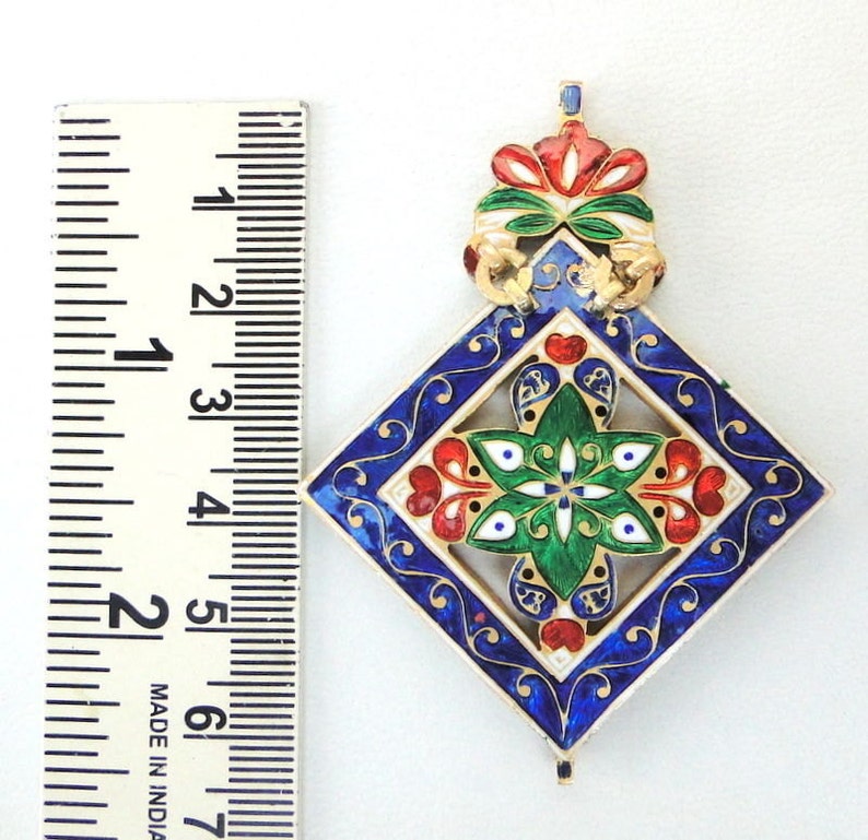 Vintage Antique 20k Gold Diamond Polki Kundan Enamel Work pendant India image 2