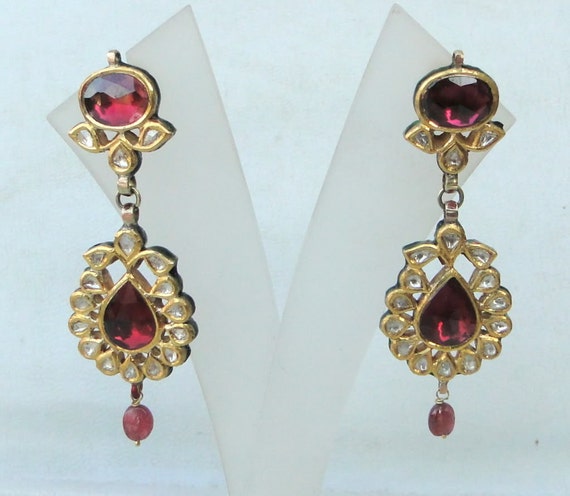 Vintage Antique 20k Gold Diamond Polki Kundan Ena… - image 1