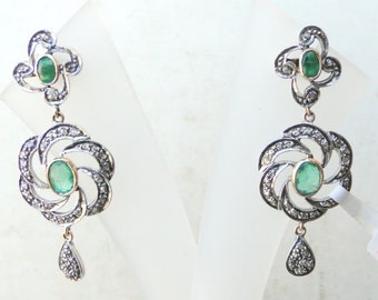Victorian Diamond & Emerald 14 Ct Gold Silver Earring