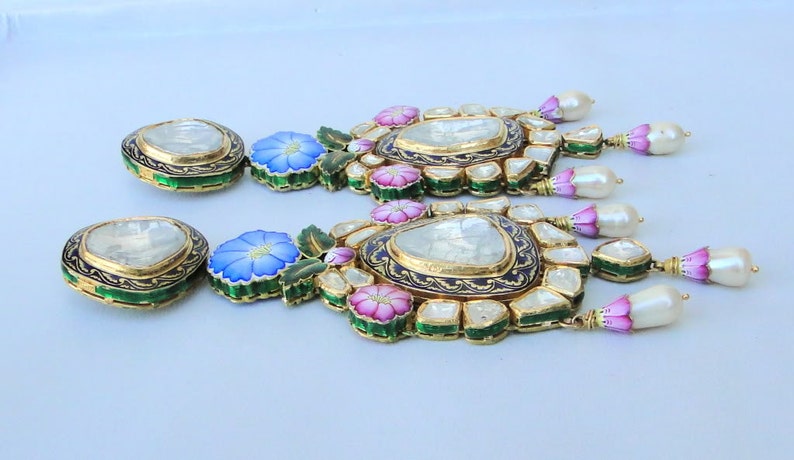 Vintage Antique Solid 22k Gold Diamond Polki Kundan Enamel Work Earring Pair India image 3