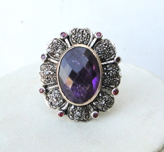 Victorian Diamond Amethyst Ruby 14k Gold Silver R… - image 1