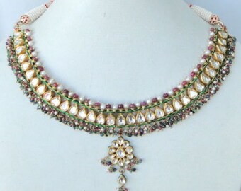 Vintage Antique 22 K Gold Diamond Kundan Meena Necklace