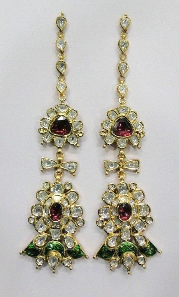 Vintage Antique 20k Gold Diamond Polki Kundan Ena… - image 1