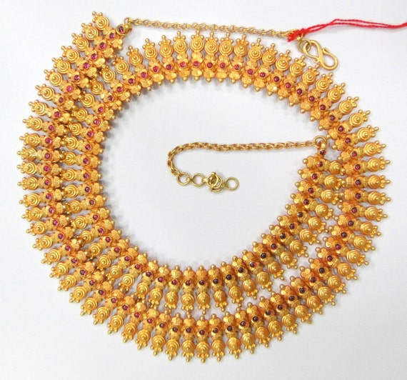 Vintage Handmade Solid 22k Gold Jewelry Ruby Necklace From South