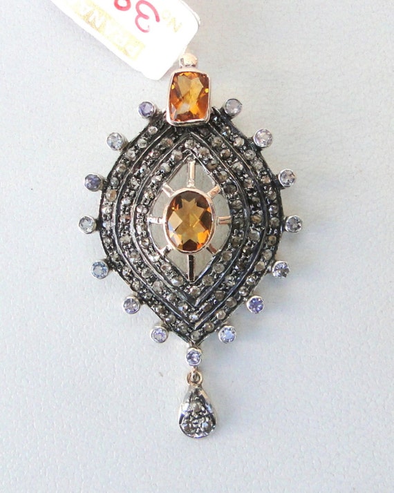 Victorian Diamond Citrine Tanzanite 14 K Gold Silv