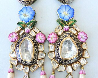 Vintage Antique Solid 22k Gold Diamond Polki Kundan Enamel Work Earring Pair India