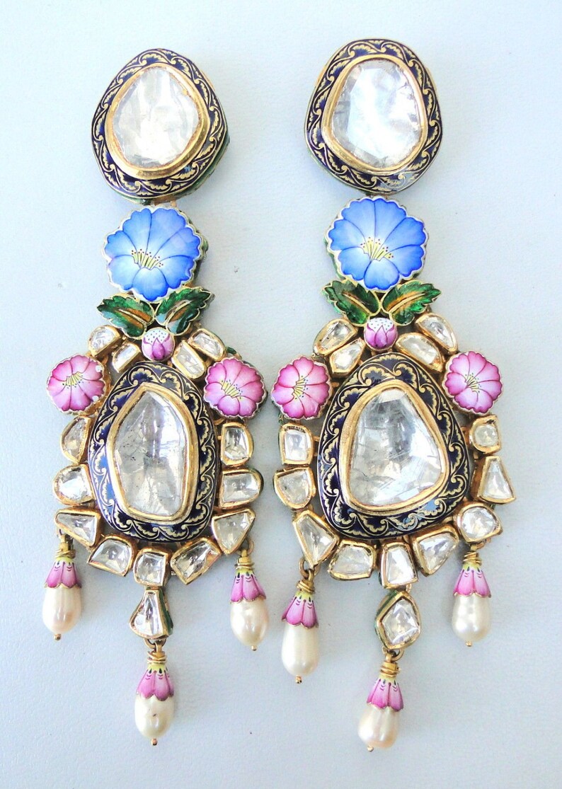 Vintage Antique Solid 22k Gold Diamond Polki Kundan Enamel Work Earring Pair India image 1