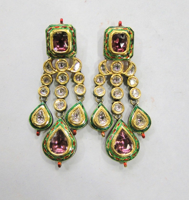 Vintage Antique 20k Gold Diamond Polki Kundan Earring Pair Rajasthan India image 1