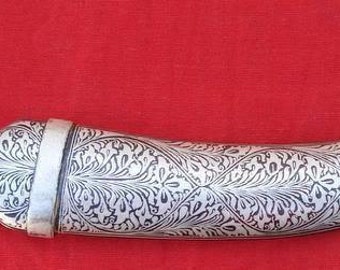 Damascus Steel Blade Knife Pure Silver Bidaree Work India