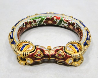 Vintage Antique 22 K Gold Diamond Kundan Enamel Work Bracelet Bangle Jaipur India