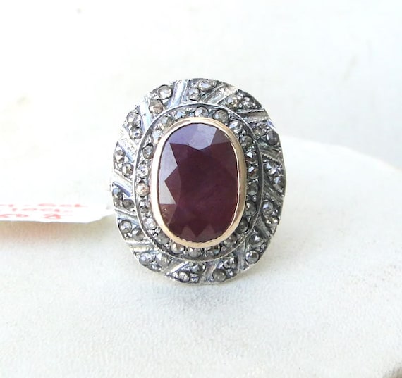 Victorian Diamond Natural Ruby Gold Silver Ring I… - image 1
