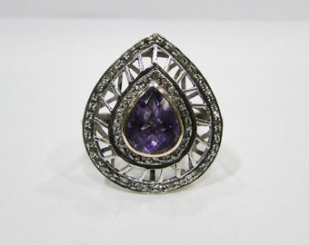 Victorian Diamond & Amethyst 14 Ct Gold Silver Ring Ind