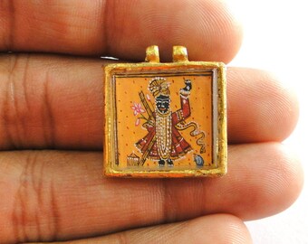 Vintage antique 20K Gold Lord 'shreenath ji' enamel work Pendant necklace amulet