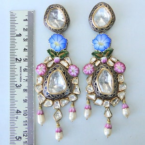 Vintage Antique Solid 22k Gold Diamond Polki Kundan Enamel Work Earring Pair India image 2