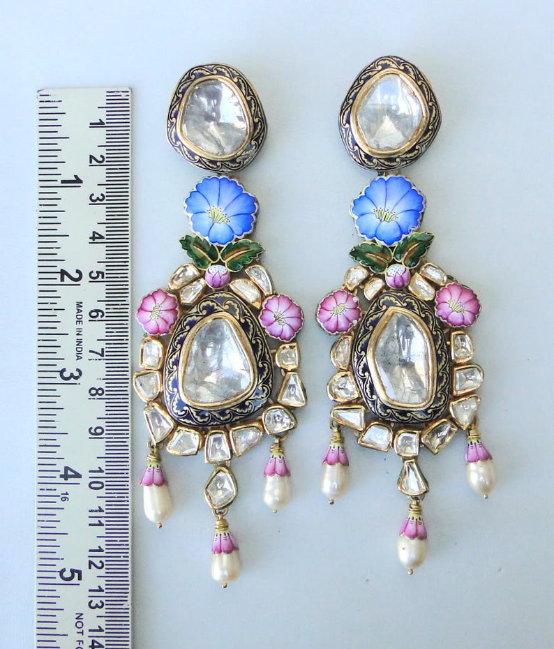 Vintage Antique Solid 22k Gold Diamond Polki Kundan Enamel Work Earring Pair India image 2