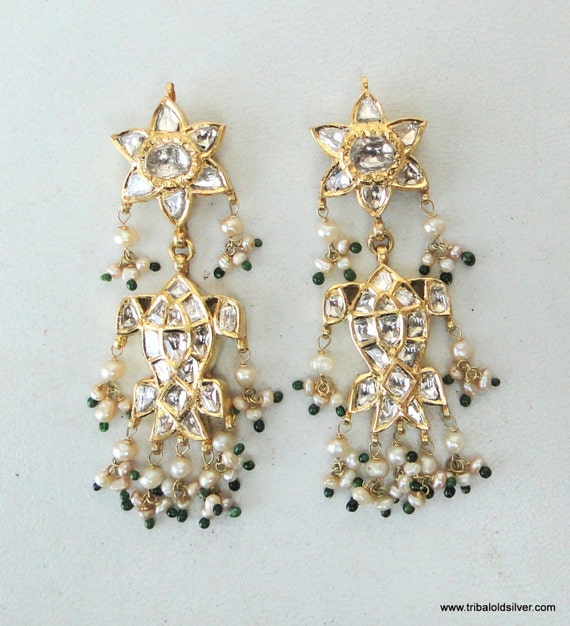 Vintage Antique 20k Gold Diamond Polki Earring Pa… - image 1