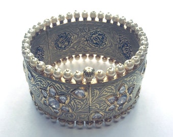 Vintage antique Handmade 18k Gold Jewelry Diamond Polki Enamel Work Bracelet Bangle India