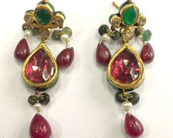 Vintage antique 18K Gold jewelry Diamond Polki Rhodolite Enamel Earring Pair