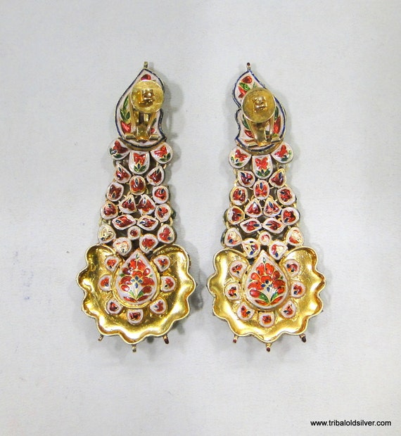 Vintage Antique 20k Gold Diamond Polki Kundan Ena… - image 4