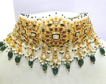 Vintage antique solid 20k Gold jewelry Diamond Ruby Emerald gemstones Choker necklace