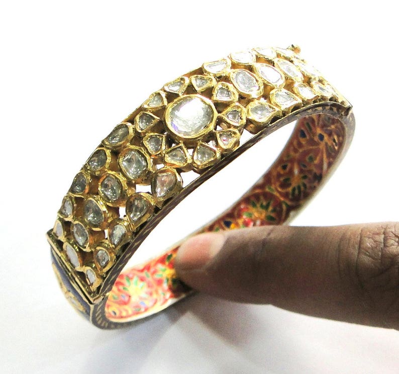 Vintage antique 20k Gold Jewelry Diamond polki Enamel Work Bangle image 8