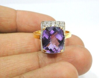 14 K Solid Gold Amethyst & Diamond Gemstone Ring India