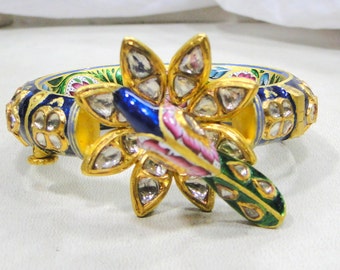 Vintage Antique 22k Gold Diamond Polki Kundan Enamel Work Bracelet Bangle India