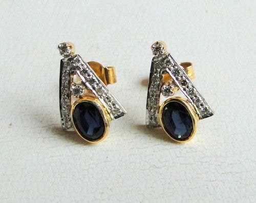 14 K Solid Gold Sapphire & Diamond Stone Stud Earring - Etsy