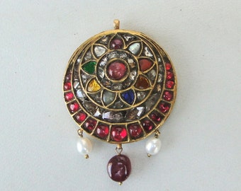 Vintage Antique 20k Gold Navratan Stones Pendant Amulet Necklace Rajasthan India