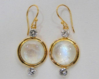 Fabulous! solid 18K Gold Rainbow Moon Stone & white topaz Earring pair