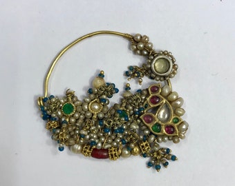 Vintage Antique Ethnic Tribal 18k Gold Natural Basra pearl Ruby Nose Ring