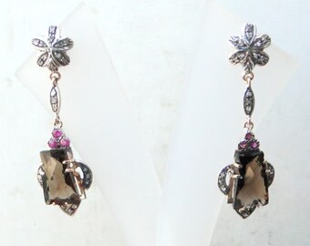 Victorian Diamond Smoky Topaz 14 Ct Gold Silver Earring