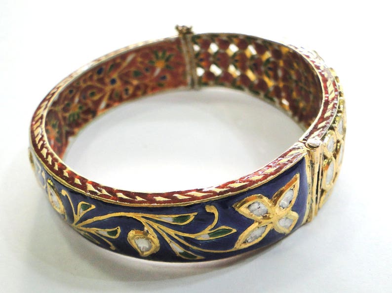 Vintage antique 20k Gold Jewelry Diamond polki Enamel Work Bangle image 3
