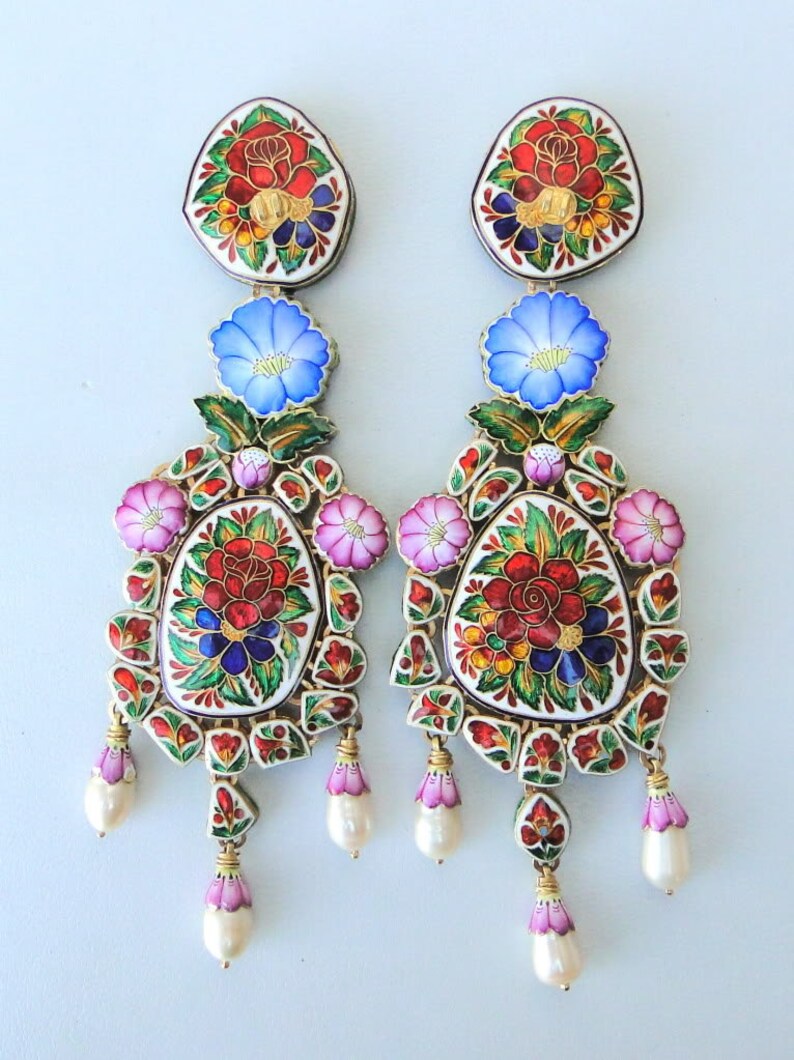 Vintage Antique Solid 22k Gold Diamond Polki Kundan Enamel Work Earring Pair India image 5