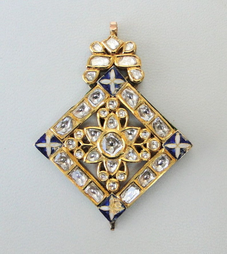 Vintage Antique 20k Gold Diamond Polki Kundan Enamel Work pendant India image 1