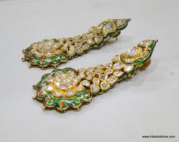 Vintage Antique 20k Gold Diamond Polki Kundan Ena… - image 3
