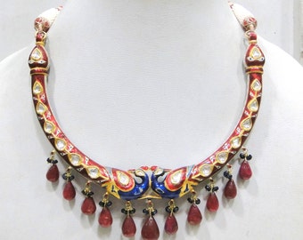 Vintage Antique 20k Gold Diamond Ruby Sapphire Enamel Neck Ring Necklace India