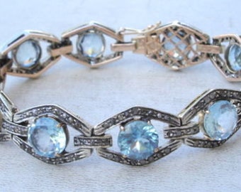 Victorian Diamond Blue Topaz 14 Ct Gold Silver Bracelet