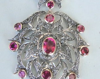 Victorian Diamond Rubelite Gold Silver Pendant Necklace