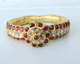 Vintage Antique 20k Gold Diamond Polki Ruby Hinge Bracelet Bangle Rajasthan Ind
